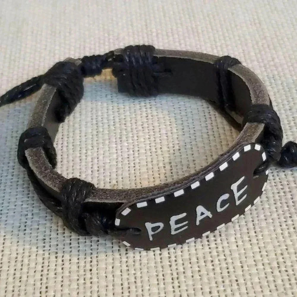 Handmade Leather Peace Affirmation Bracelet Black - Picture 6 of 6